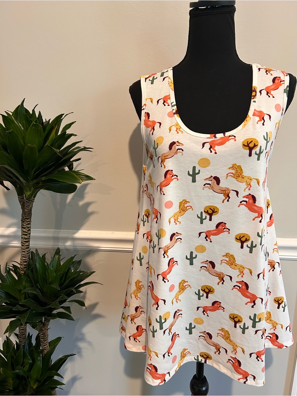 LuLaRoe White Tank Dress with Colorful Horse Print Size XS